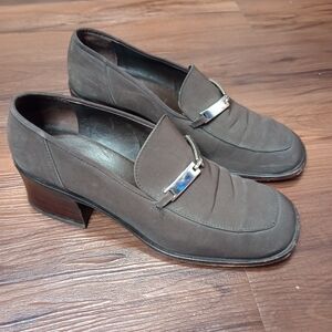 Vintage 90s Y2K academia  square toe chain detail  block heel loafers Preppy